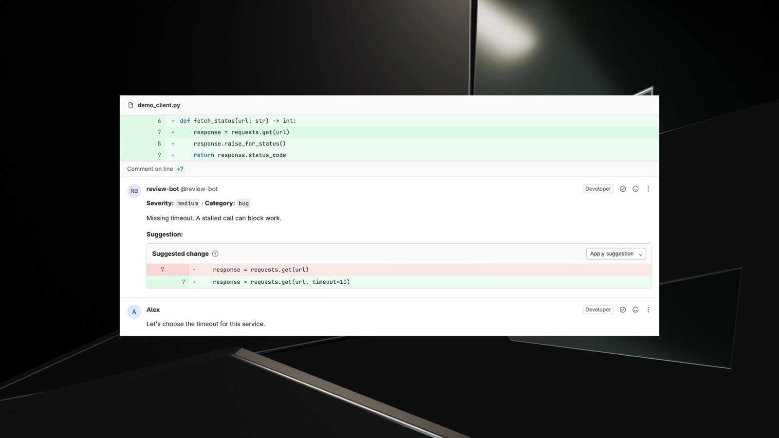 Synthetic code review discussion from the promo video