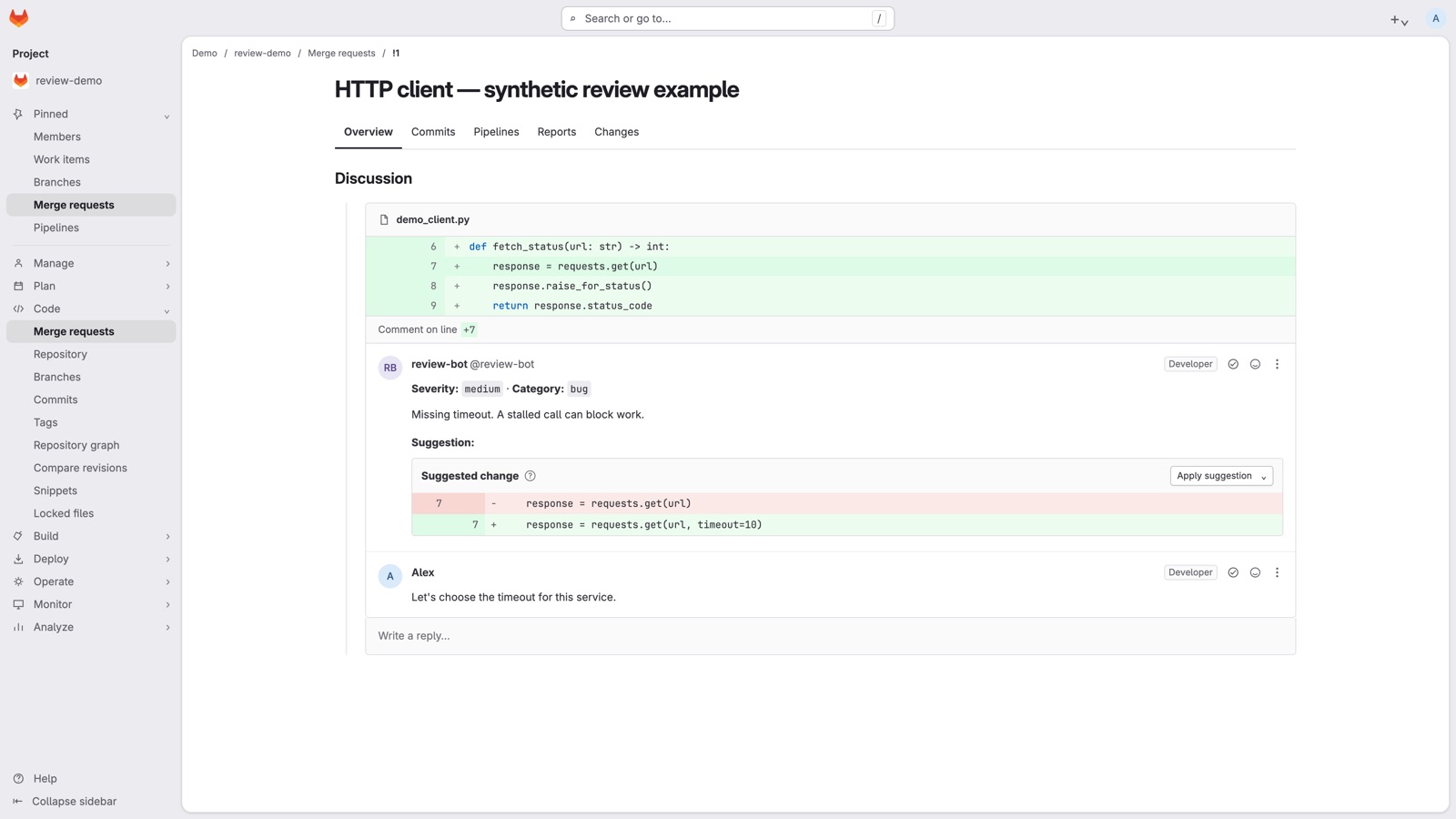 Synthetic GitLab merge request example: a bot suggests adding a timeout and a developer asks which timeout fits the service